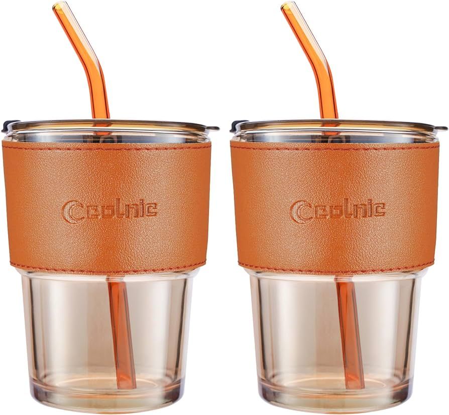 Amazon.com: Colnic Iced Coffee Cup, 15Oz/450ml Glass Cups With Lids And Straws, Iced Coffee Glass... | Amazon (US)