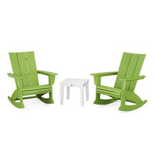 Modern Curveback Adirondack Rocking Chair Lime/White 3-Piece HDPE Plastic Patio Conversation Set | The Home Depot