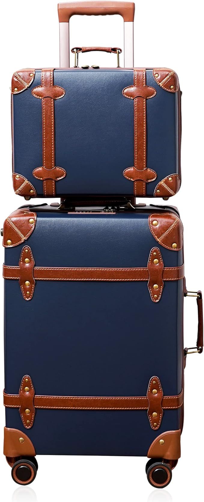 NZBZ Vintage Luggage Set of 2 Pieces with TSA Lock Cute Retro Trunk luggage (Navy Blue, 14inch & ... | Amazon (US)