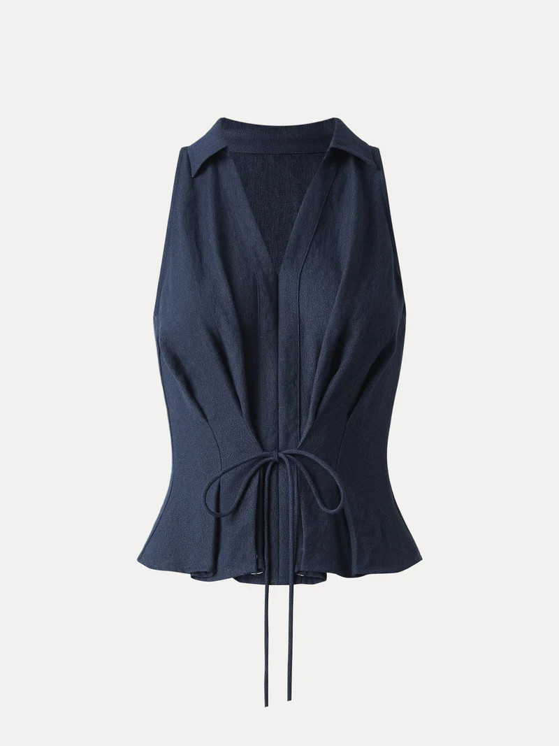 Collared V-neck Pleated Sleeveless Top with Drawstring | OGLmove