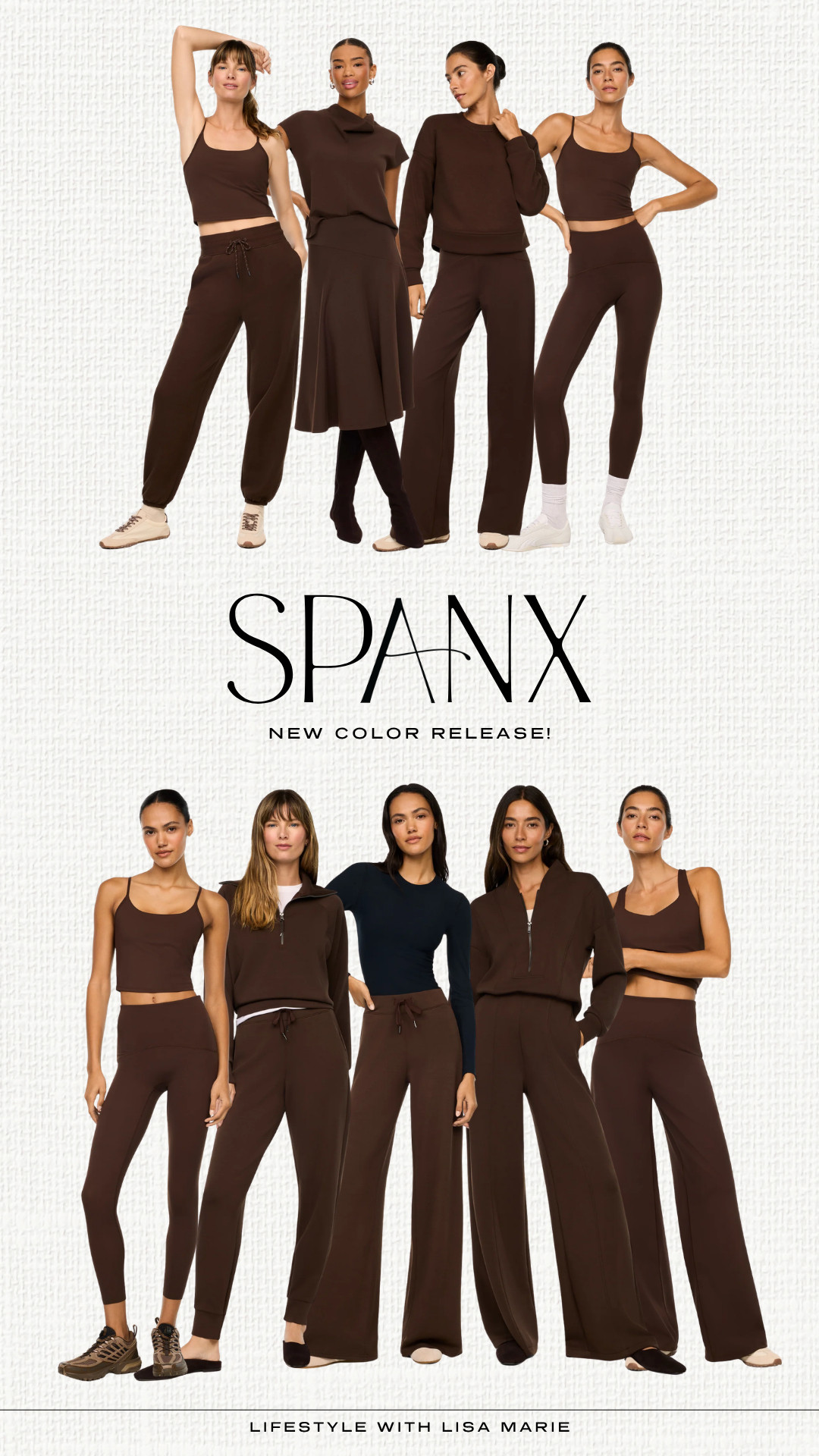 SPANX new arrivals in new Umber Root color release! Brown elevated casual outfits. Matching two piece sets. Luxe loungewear and athleisure. Fall activewear. Bathroom-friendly jumpsuits. Sweatpants and crop tops. Half zip sweatshirts. Wide leg sweatpants. 7/8 and full length compression leggings. Travel outfits.  Code LISAMARIEXSPANX for 15% off first purchase + free shipping, excluding sales. 

 #LTKActive #LTKPetite #LTKTravel