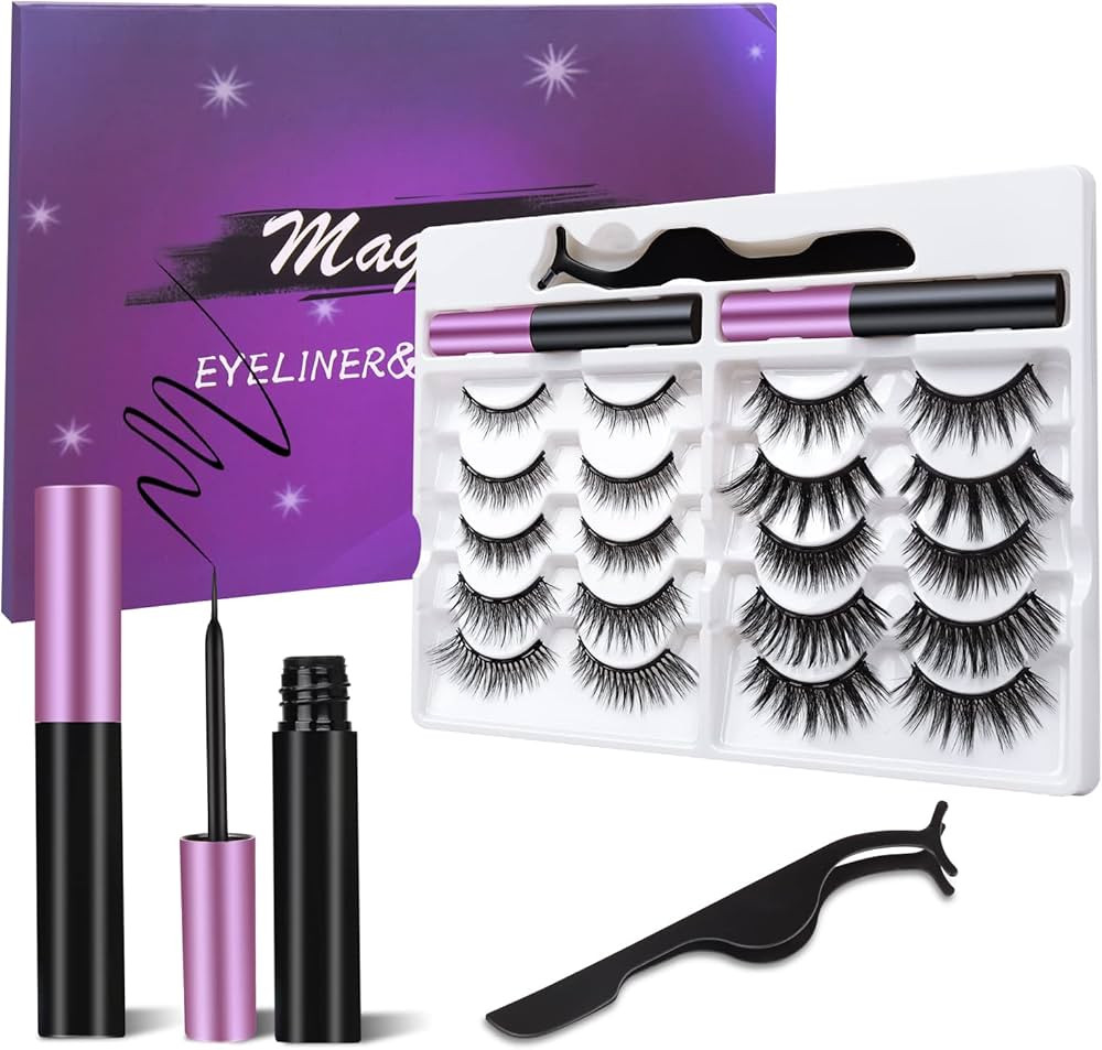 [10 Pairs] Magnetic Eyelashes and Eyeliner Kit, Reusable Magnetic Lashes with Eyeliner and Tweeze... | Amazon (US)