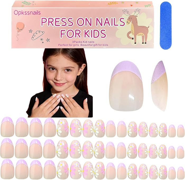 96pcs Press on Nails for Kids, 3 Packs Short Oval Children Flower Fake Nail for Kids Teenager Gir... | Amazon (US)