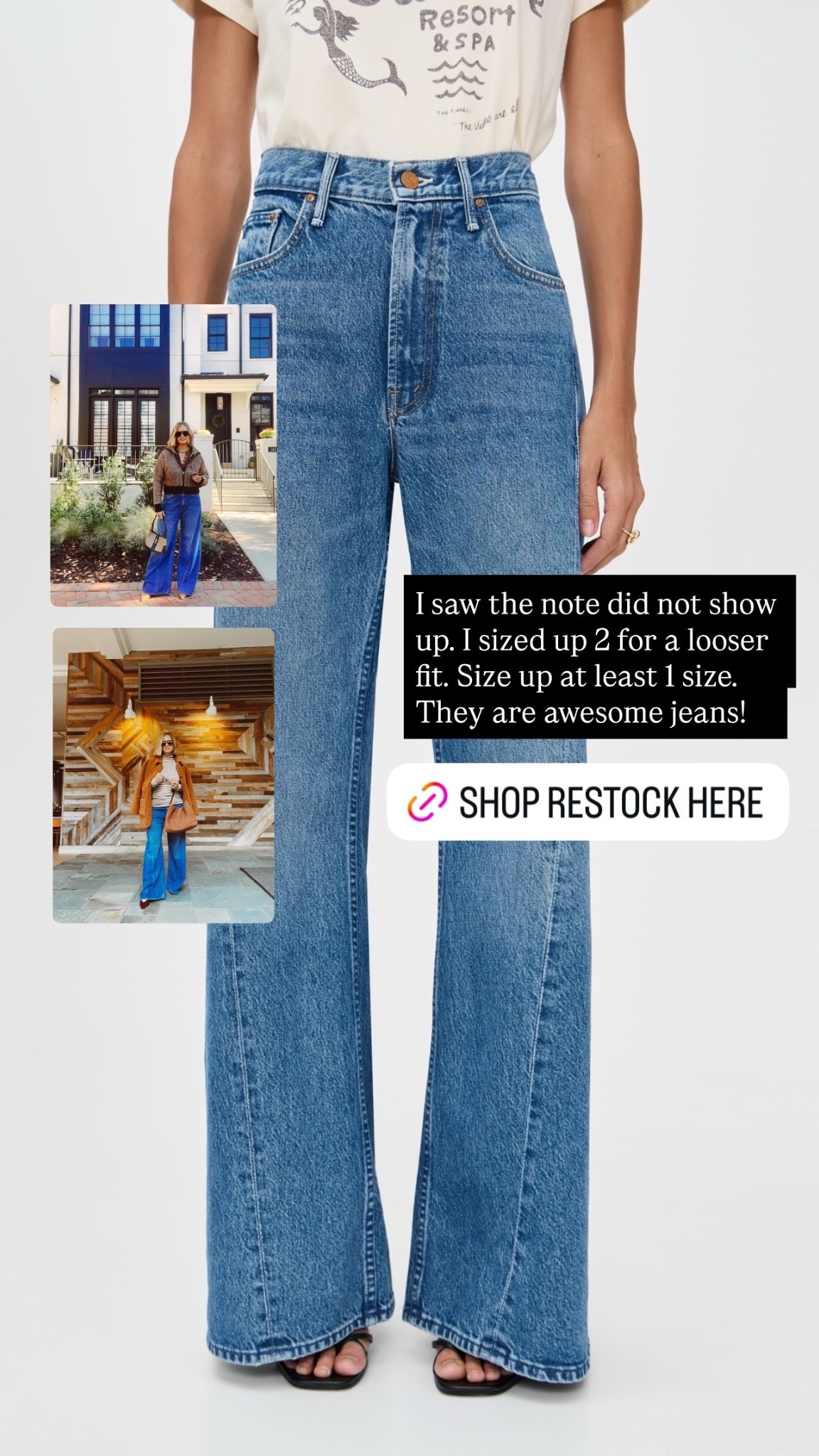 I saw the note did not show up. I sized up 2 for a looser fit. Size up at least 1 size. They are awesome jeans!