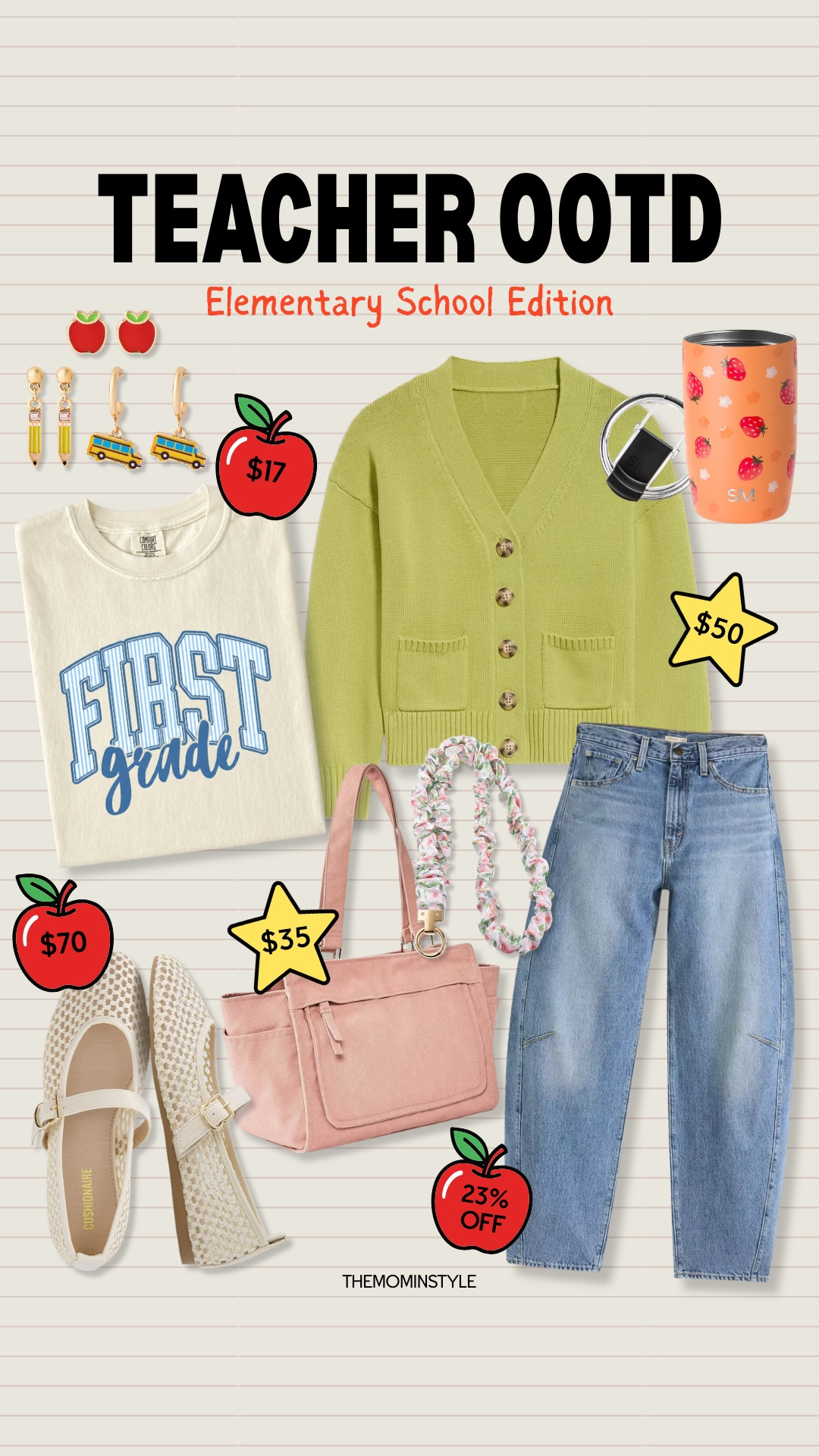 Elementary teacher outfit ideas that are comfortable enough for a full school day but still feel fun for the classroom. The first grade tee, green cardigan, relaxed jeans, woven Mary Jane shoes, roomy tote, school themed earrings, and strawberry tumbler create an easy back to school lineup, with several pieces starting at $17.
elementary teacher outfit, first grade teacher shirt, green cardigan, teacher tote bag, barrel jeans, Mary Jane shoes, teacher earrings, back to school outfit, classroom outfit ideas, affordable teacher fashion,
TheMominStyle

#LTKootd #LTKWorkwear #LTKdayinmylife