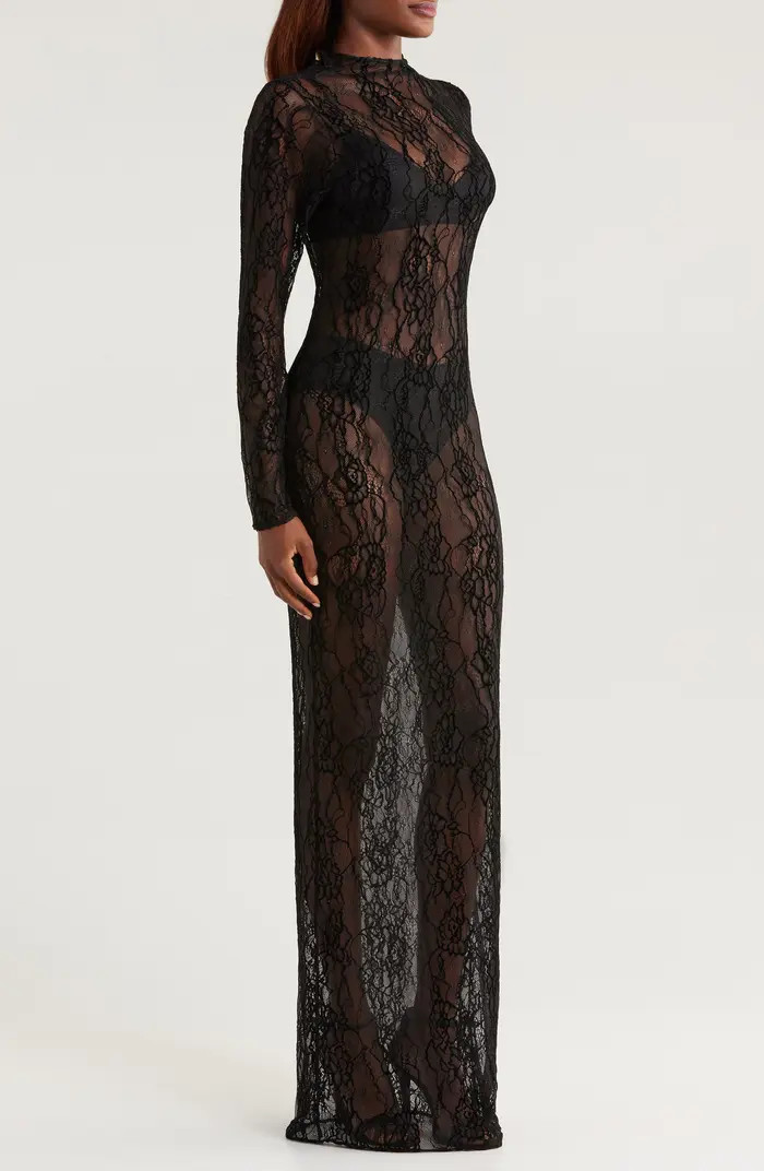 Good American Sheer Lace Long Sleeve Stretch Gown | Nordstrom | Nordstrom