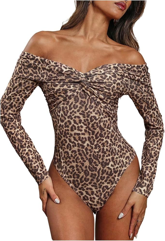 SweatyRocks Women's Sexy Leopard Print Bodysuit Off The Shoulder Ruched Wrap Leotard Going Out To... | Amazon (US)