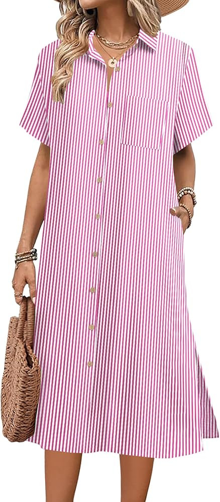 HOTOUCH Womens Dress Summer Casual Midi Short Sleeve Button Down Shirt Dresses Loose Beach Cover ... | Amazon (US)