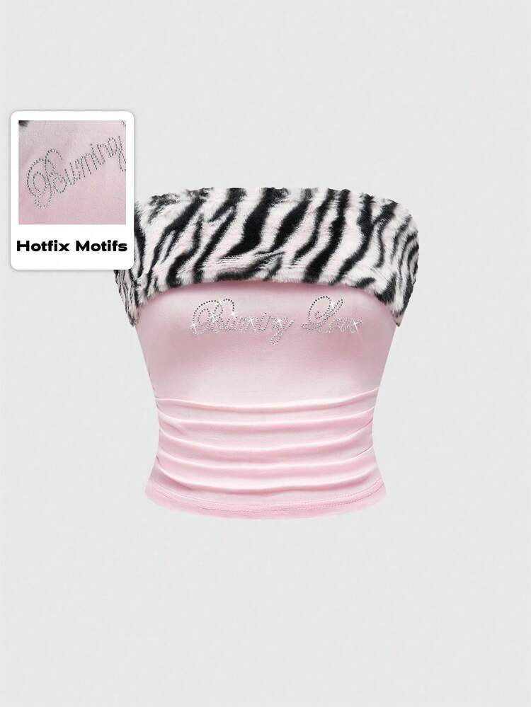 ROMWE J-Fashion Gyaru Bodycon Crop Top For Women, Featuring Rabbit Fur Printed Patchwork, Rhinestone Decor Zebra Pattern, Seamless In Pink Color | SHEIN