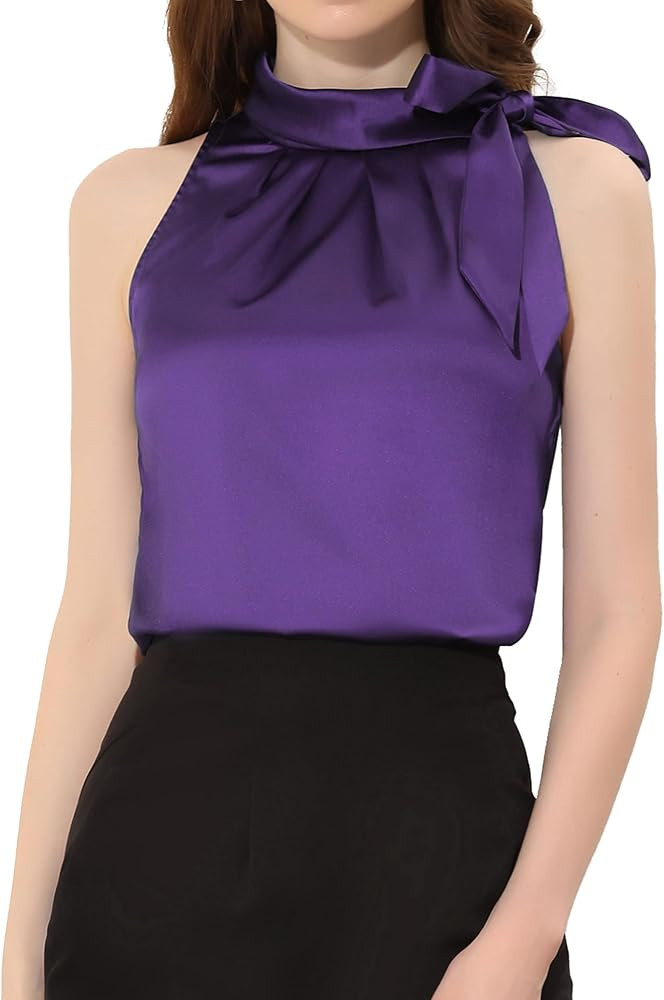 Allegra K Women's Elegant Satin Sleeveless Tie Knot Mock Neck Solid Work Blouse Top | Amazon (US)