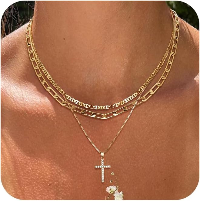 Gold/Silver Necklaces Stack For Women,14K Gold/Sterling Silver Plated Simple Layered Choker Neckl... | Amazon (US)