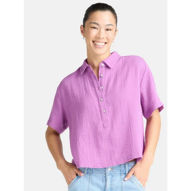 Time and Tru Women's Cotton Double Cloth Cropped Shirt, Size XS-XXXL | Walmart (US)