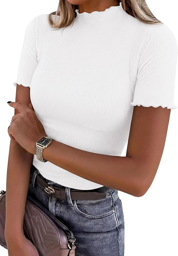 PRETTYGARDEN Short Sleeve T Shirts for Women Summer Clothes 2026 Casual Spring Tops Ruffle Mock N... | Amazon (US)