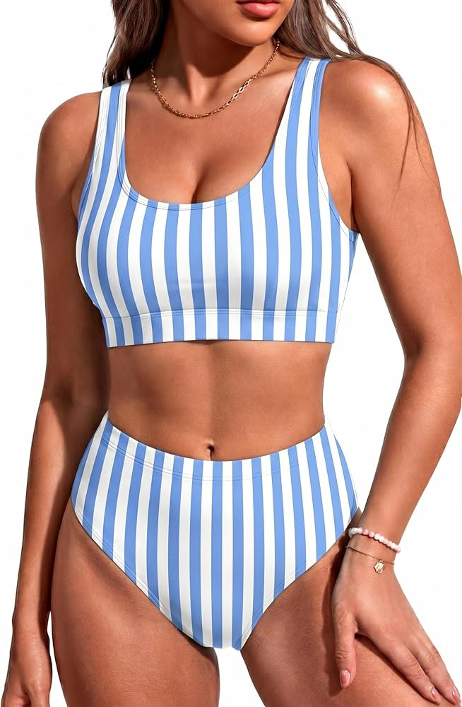 Tempt Me Women Sporty Bikini Set Two Piece High Waisted Swimsuit Athletic Scoop Neck Bathing Suit | Amazon (US)