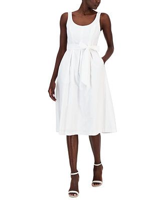 Women's Belted Seersucker Sleeveless Midi Dress | Macys (US)
