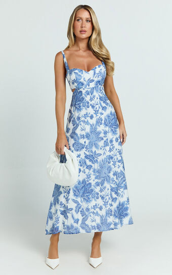 Jackleyn Midi Dress - Sweetheart A Line Dress in Blue Floral | Showpo (US, UK & Europe)