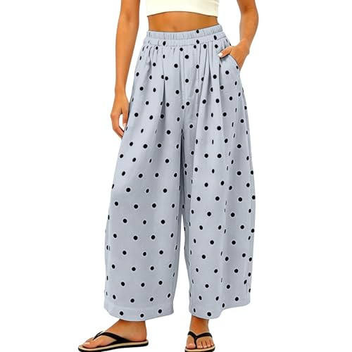 GTEYOIJN Polka Dots Pants Linen Pants Women Polka Dot Elastic Waist Wide Leg Barrel Pant Summer Beach Boho Palazzo Trousers Light Blue | Amazon (US)