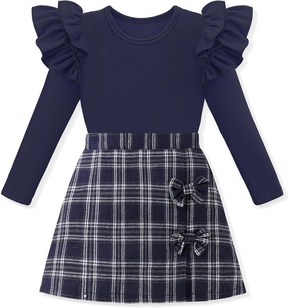 Girls Clothes Long Sleeve Ruffle Sleeve Top and Plaid Skirt Set Fall Winter Girls Outfits 5-12Y | Amazon (US)