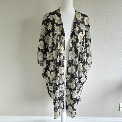 Brandy Melville Long Open Front Sheer Black Floral Kimono One Size Cotton Blend | eBay US