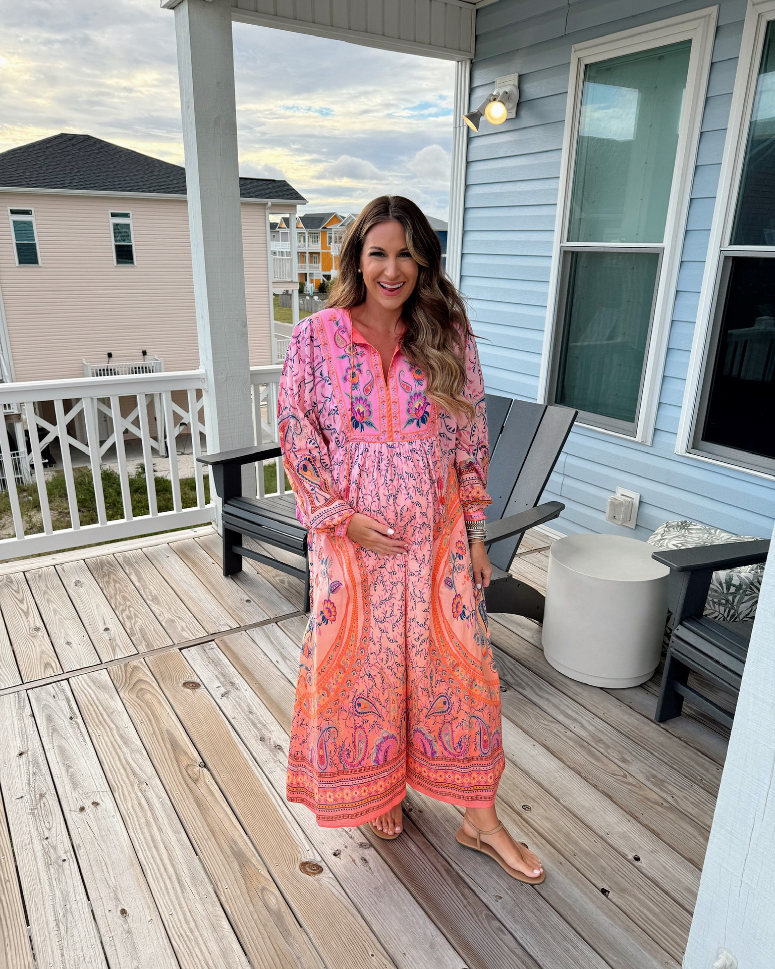 In a medium Farm Rio x Anthropologie Long-Sleeve Printed Maxi Dress sandals and accessories- all fits TTS.

#LTKSeasonal #LTKStyleTip #LTKBump