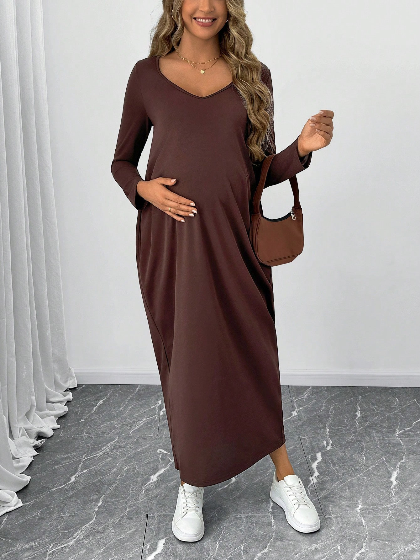 SHEIN Maternity Long Sleeve Dress, Solid Color, Spring Autumn | SHEIN USA | SHEIN
