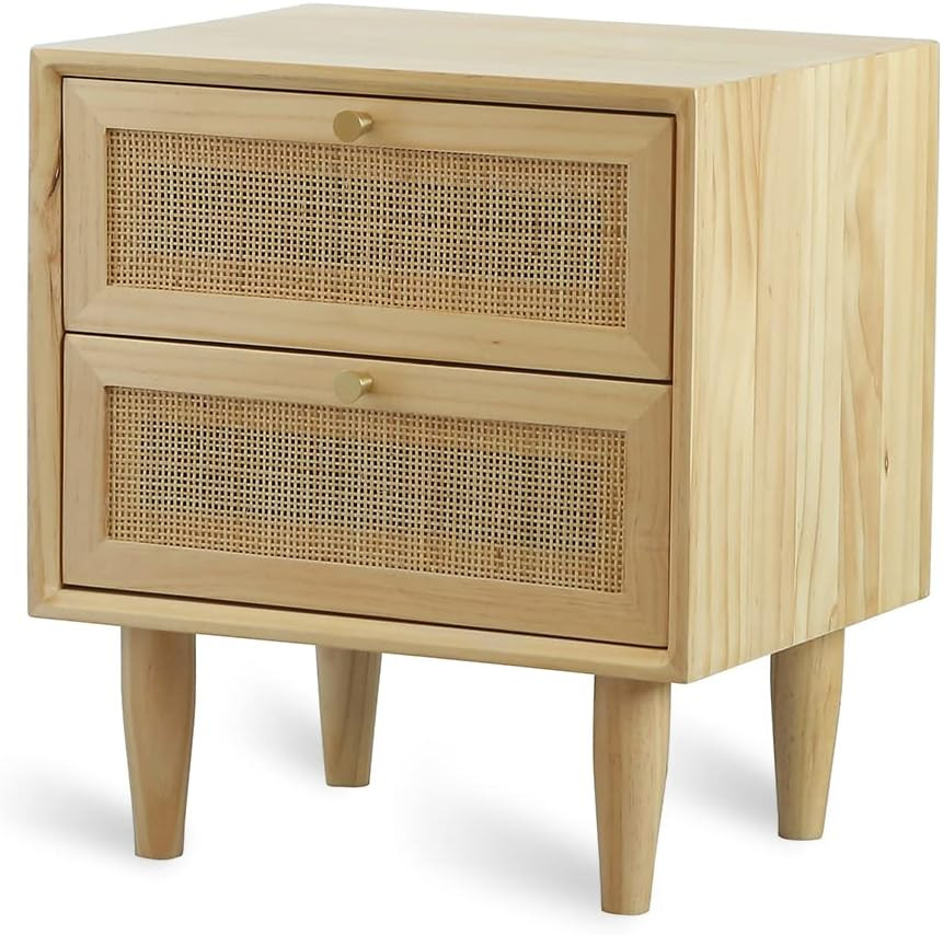 BOTAOYIYI Light Solid Pine Wood Nightstand, Side Table with Drawer, Handmade Rattan Cane Modern B... | Amazon (US)