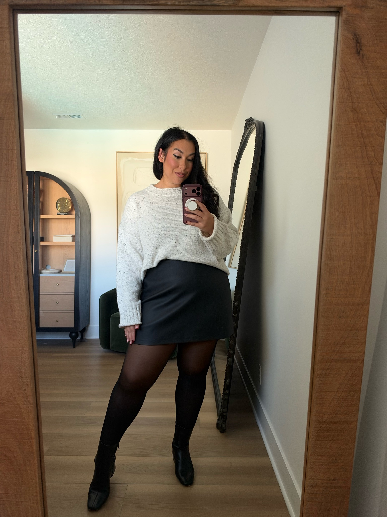 Abercrombie is having a huge sale!! This faux leather skirt is so good, soft belly friendly, there's lining and the length is perfect! Love the texture on this top for fall! Wearing an XL in the skirt, large in the top. Use code AFLTK to get an additional 20% off almost everything! abercrombie, fall style, fall fashion, on sale, fall staples 

 #LTKSeasonal #LTKMidsize