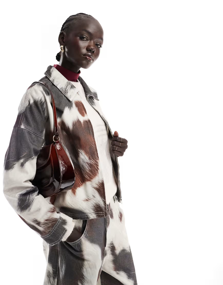 ASOS DESIGN denim clean collared jacket in cow print-Multi | ASOS (Global)