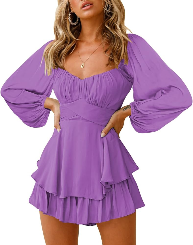 Fixmatti Women off Shoulder Rompers Lantern Long Sleeve Ruffle Tie Mini Shorts Jumpsuit | Amazon (US)