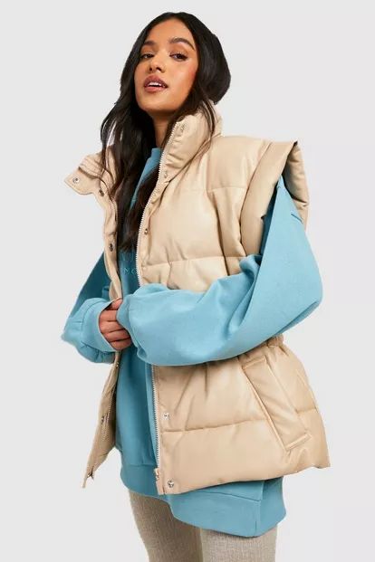 Petite Faux Leather Synch Waist Puffer Vest | Boohoo.com (US & CA)
