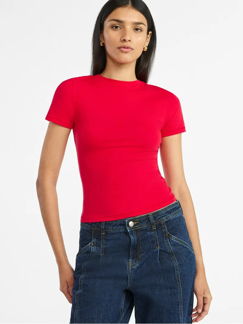 Scoop Women’s Stretch Cotton Blend Baby Tee with Short Sleeves, XS-XXL | Walmart (US)