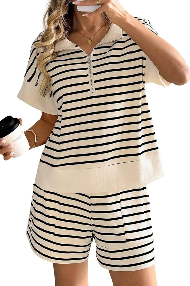 Women's Striped 2 Piece Outfit Ribbed Color Block Trim Zip Polo Tee And Drawstring Short Set Matc... | Amazon (US)