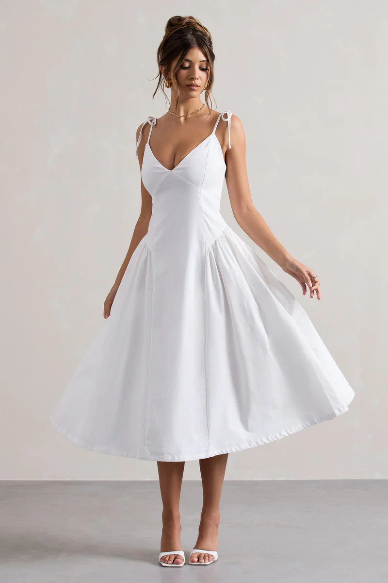 Breathless | Cream Linen Strappy V-Neck Pleated Midi Dress | Club L London