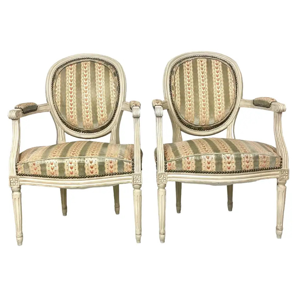 Pair of  French 19th Century Louis XVI Style Cabriolets Medaillon Back Armchairs | 1stDibs