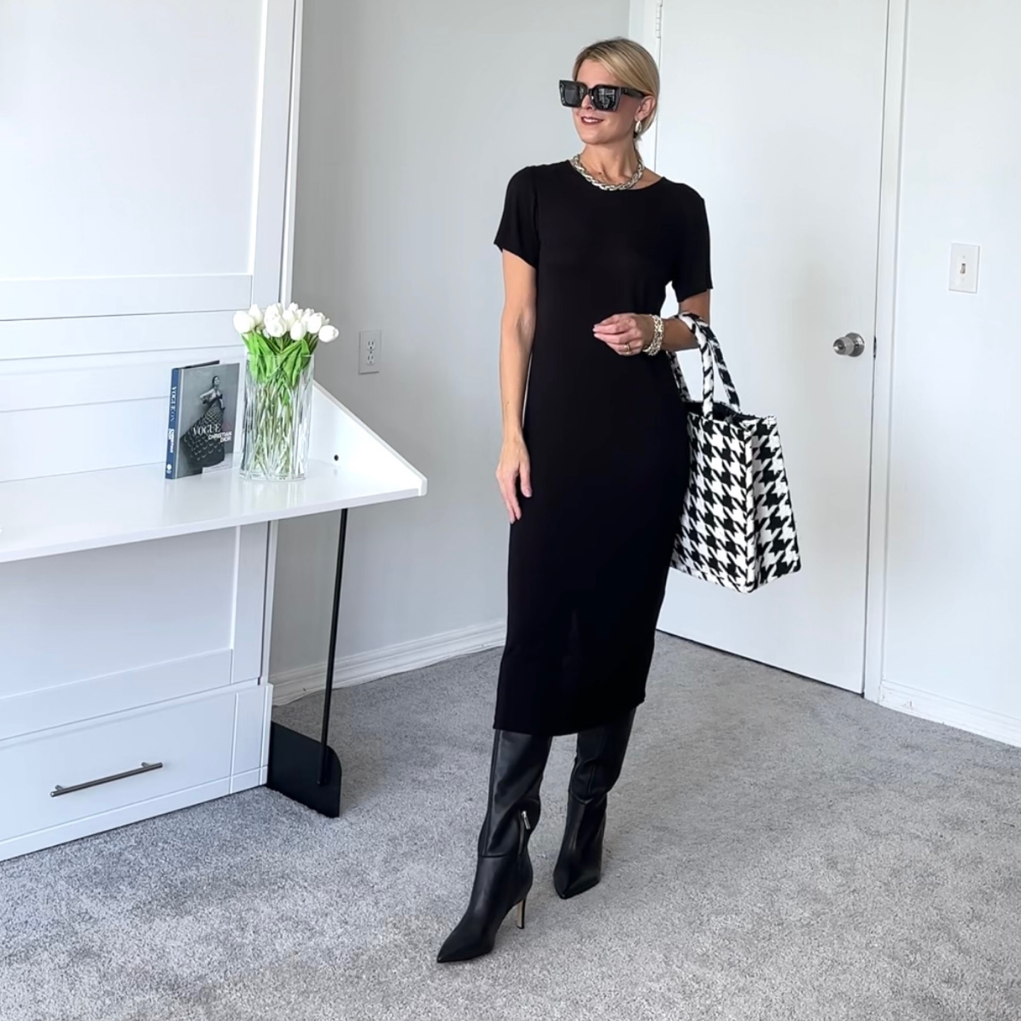T-shirt dress with a houndstooth tote and boots 

#LTKunder50 #LTKSeasonal #LTKFind