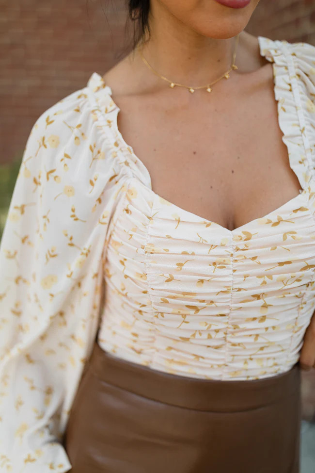 Show Me The Way Tan Ruched Balloon Sleeve Floral Bodysuit | Pink Lily