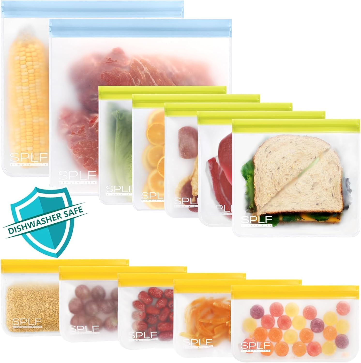 SPLF 12 Pack Dishwasher Safe Reusable Freezer Bags, Multicolor | Amazon (US)
