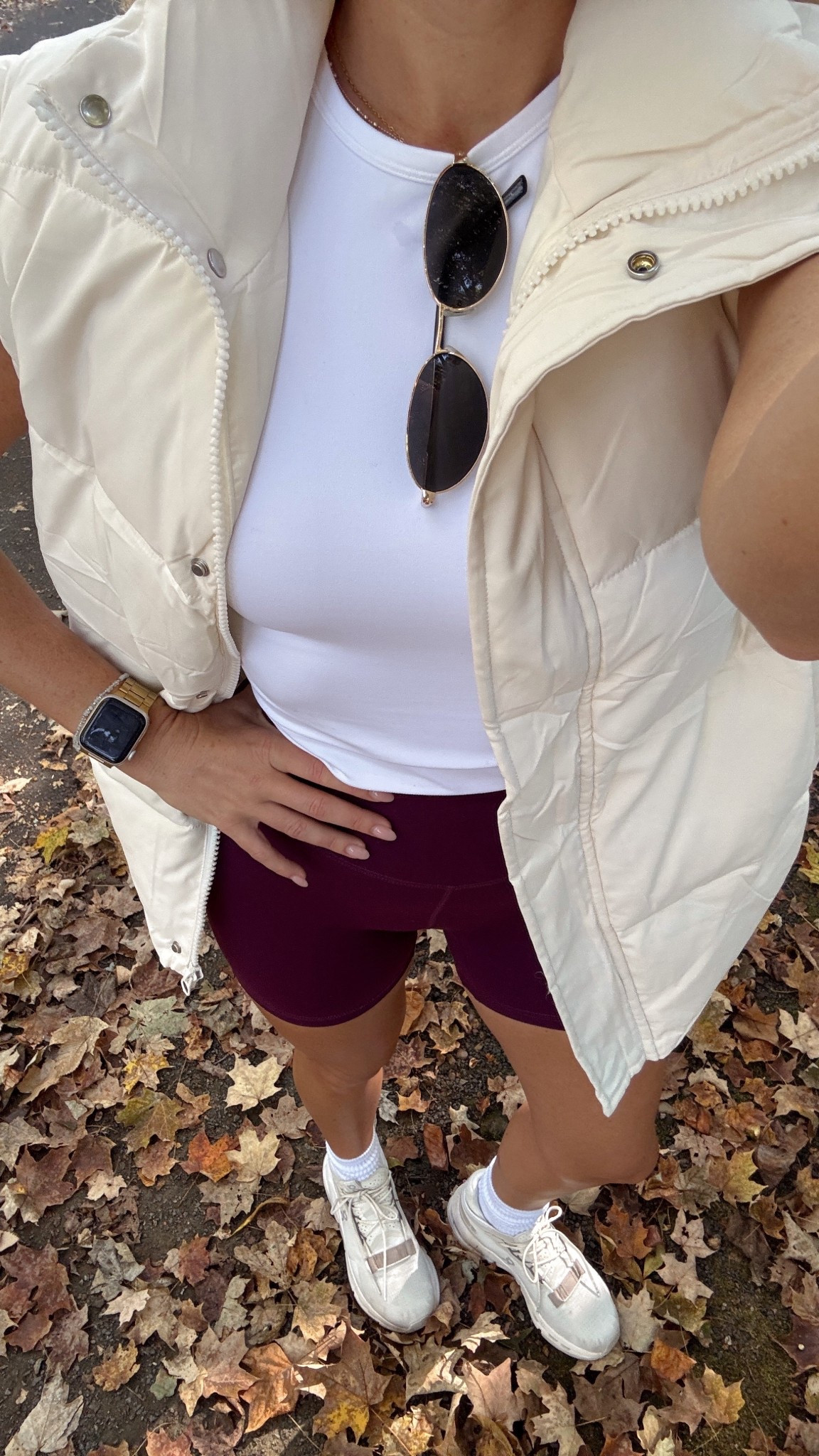 Saturday walk fit, wearing oversized Amazon vest with free people bike shorts. My oncloud sneakers are on sale!