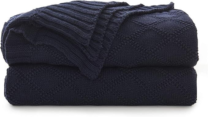 Navy Blue Cotton Knit Throw Blanket for Couch Sofa Bed - Home Decorative Soft Cozy Sweater Woven ... | Amazon (US)