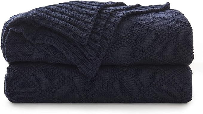 Navy Blue Cotton Knit Throw Blanket for Couch Sofa Bed - Home Decorative Soft Cozy Sweater Woven ... | Amazon (US)