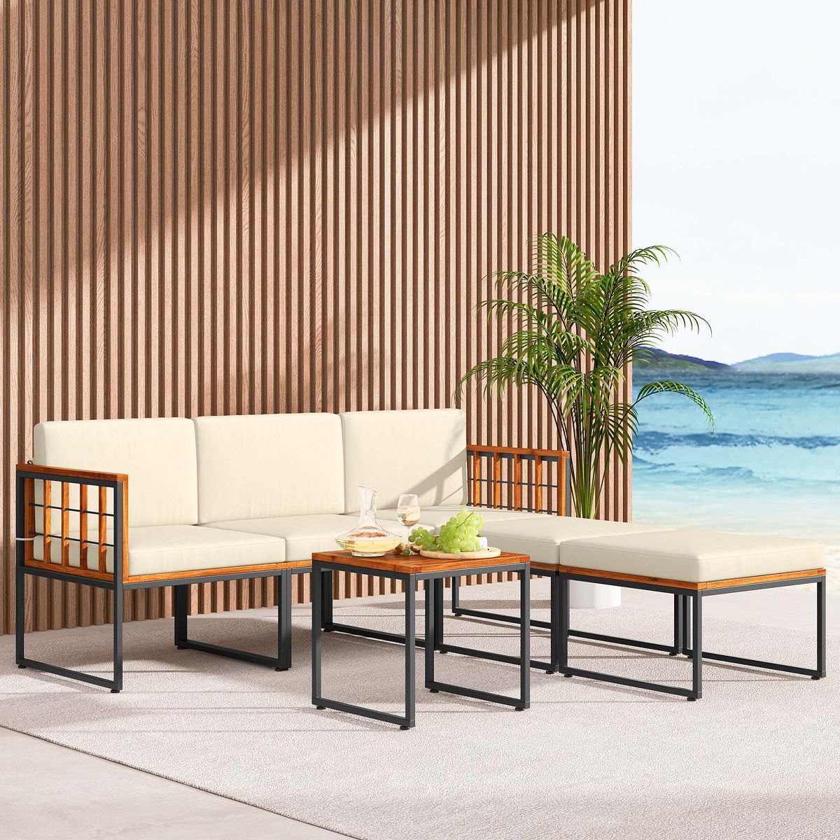 Costway 6 PCS Acacia Wood Patio Furniture Set Outdoor Sectional Conversation Sofa Set Beige | Target