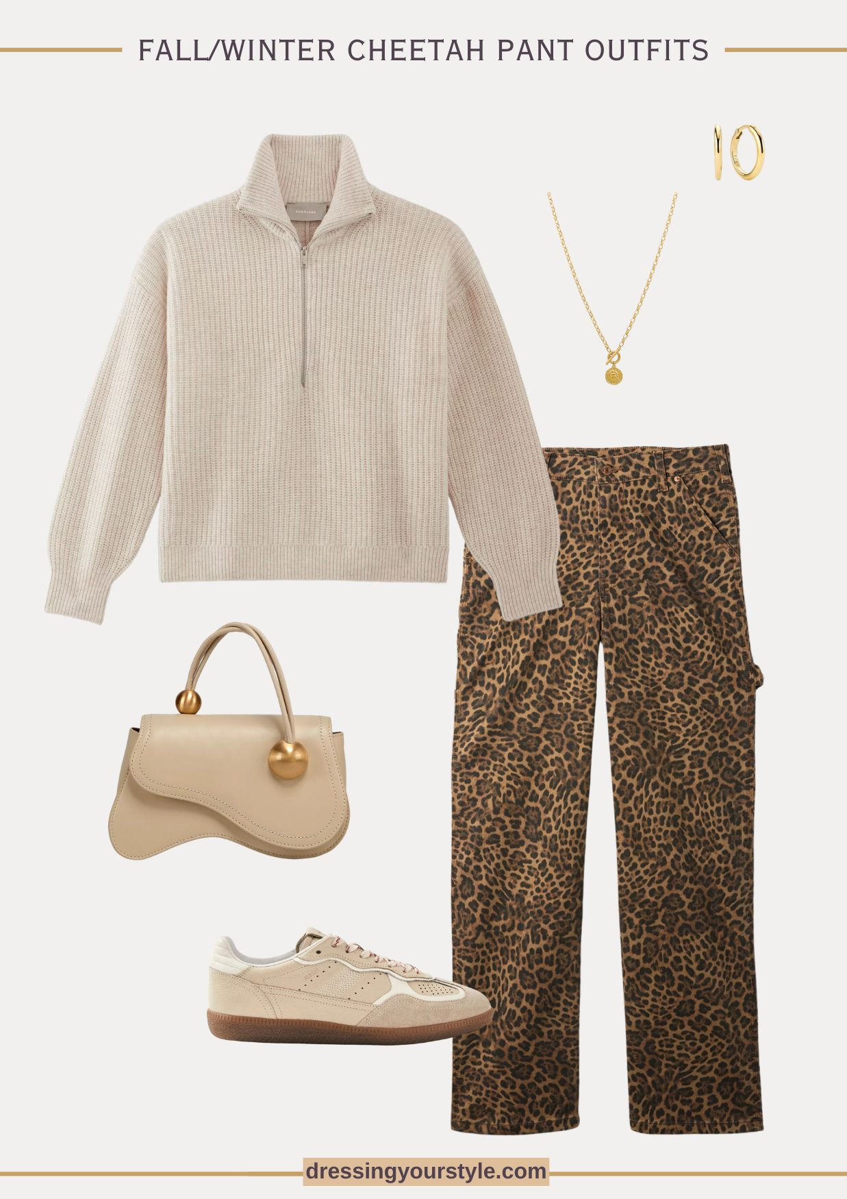 Leopard print pants outfit with beige sweater and accessories  

#LTKSeasonal #LTKOver40