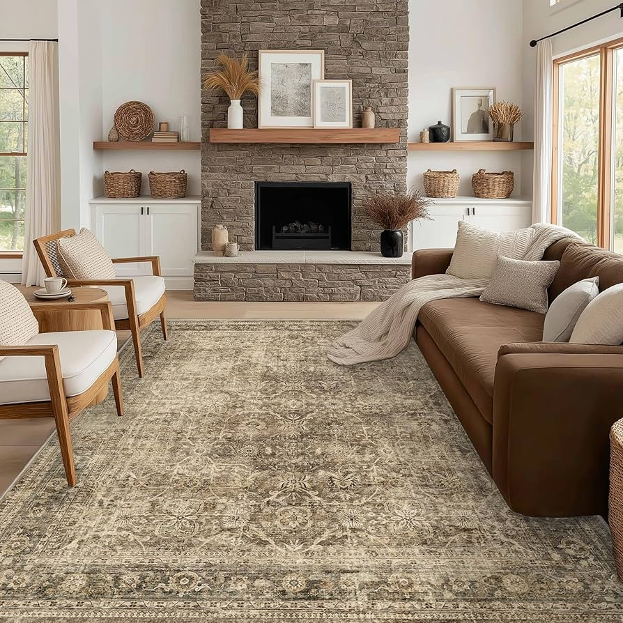 FMFUNCTEX 8x10 Washable Area Rug Brown Vintage Neutral Distressed Large Non Slip Carpet for Livin... | Amazon (US)