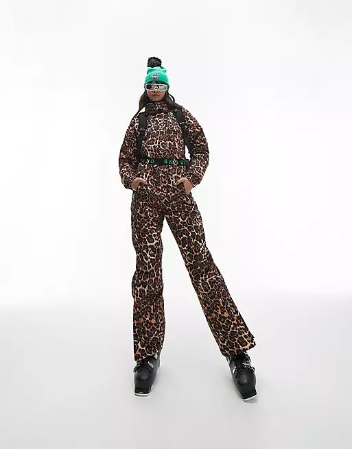 Topshop Sno ski suit with funnel neck & belt in leopard print | ASOS (Global)