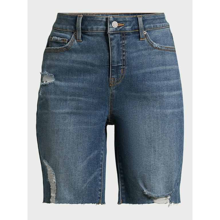 Time and Tru Women's Destructed Hem Denim Bermuda Shorts, 8.5” Inseam, Sizes 2-20 - Walmart.com | Walmart (US)