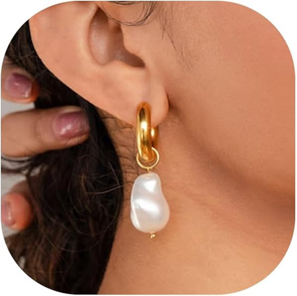 Pearl Earrings for Women 14K Gold Freshwater Pearl Hoop Earring Dangle Drop Wedding Earrings Brid... | Amazon (US)