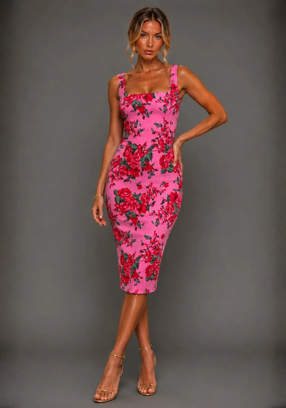 Zada | Square Neck Pink Floral Midi Dress | VSPR US