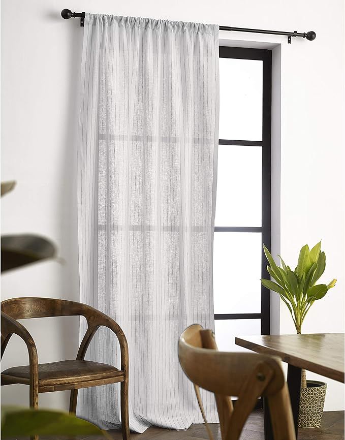 Solino Home Pinstripe Pure Linen Curtain – 52 x 108 Inch, Rod Pocket Window Panel - Black & Whi... | Amazon (US)