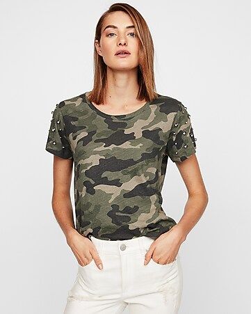 Express One Eleven Camo Studded Shoulder Boxy Tee | Express