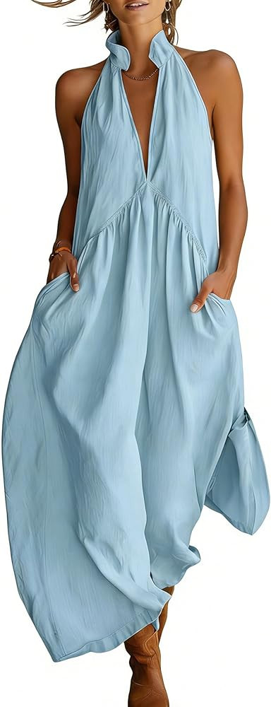 2026 Minimalist Halter Neck Maxi Dress, Casual Loose Fit Summer Sun Dress with Pockets, Chic Slee... | Amazon (US)